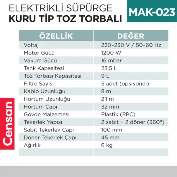 ELEKTRİKLİ SÜPÜRGE KURU TİP TOZ TORBALI (UTP720)