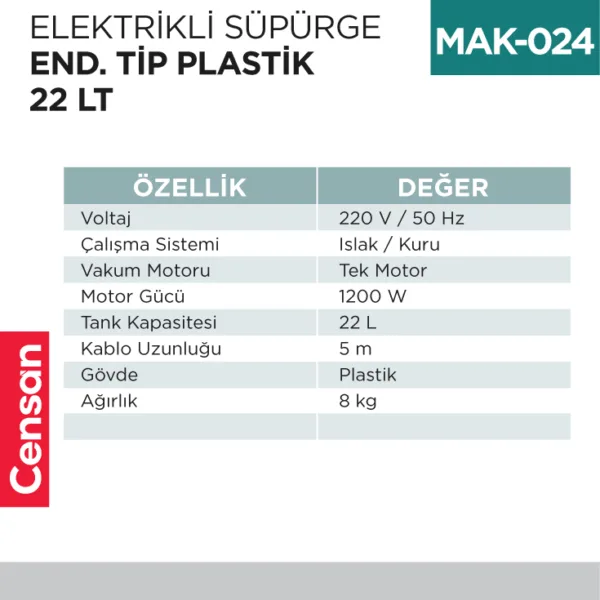 ELEKTRİKLİ SÜPÜRGE END.TİP  PLASTİK 22 LT (UTP721P)