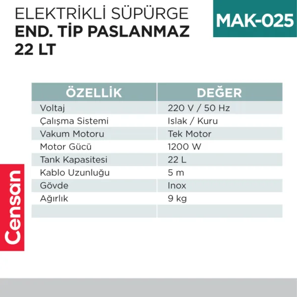 ELEKTRİKLİ SÜPÜRGE END.TİP PASLANMAZ  22 LT (UTP722C)