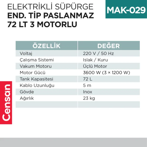 ELEKTRİKLİ SÜPÜRGE END.TİP PASLAMAZ 72 LT 3 MOTORLU  (UTP726C)