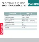 ELEKTRİKLİ SÜPÜRGE END.TİP PLASTİK 77 LT  (UTP727P)