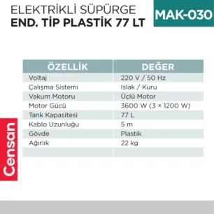 ELEKTRİKLİ SÜPÜRGE END.TİP PLASTİK 77 LT  (UTP727P)
