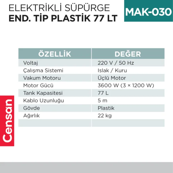ELEKTRİKLİ SÜPÜRGE END.TİP PLASTİK 77 LT  (UTP727P)