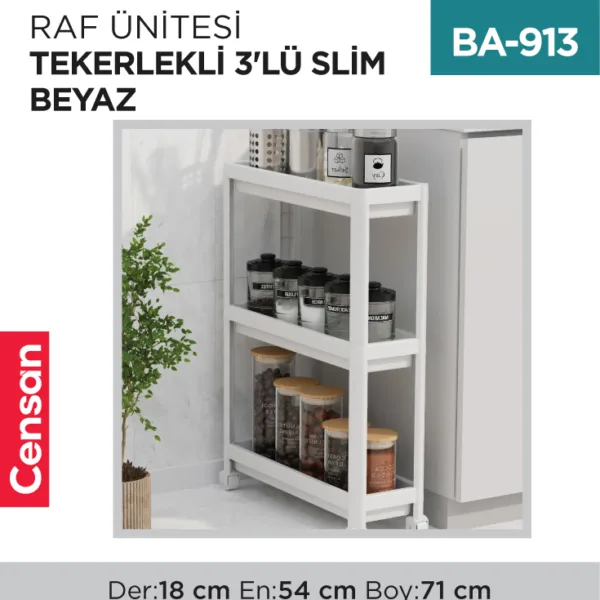 RAF ÜNİTESİ TEKERLEKLİ 3LÜ SLİM BEYAZ (0268)