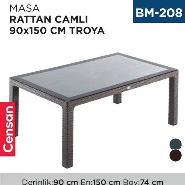 MASA RATTAN CAMLI 90*150 CM TROYA ( HM 785 )